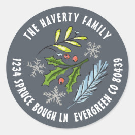 Sticker Rond Dusty Blue Esquisse de houx épinette Fête d'hiver