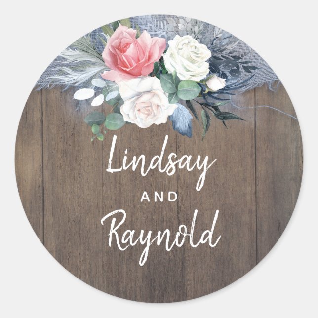 Sticker Rond Dusty Blue et Blush rustique Bois et lin (Devant)