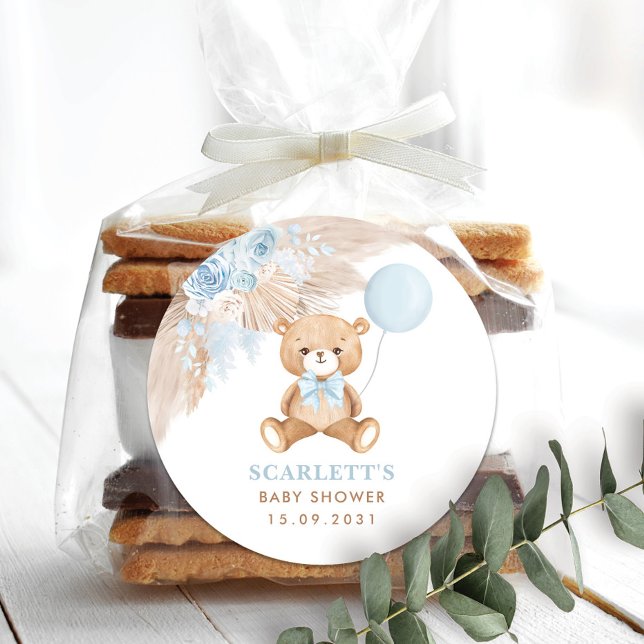 Sticker Rond Dusty Blue Floral Boho Teddy Bear Baby shower (Créateur téléchargé)