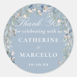 Sticker Rond Dusty Blue Floral Wedding Favoriser le Merci
