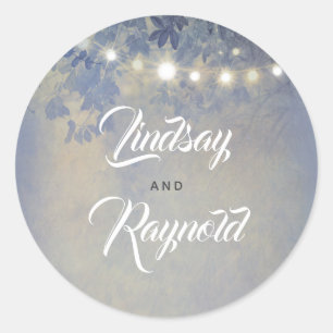 Sticker Rond Dusty Blue Garden String Lumières Dreamy Mariage