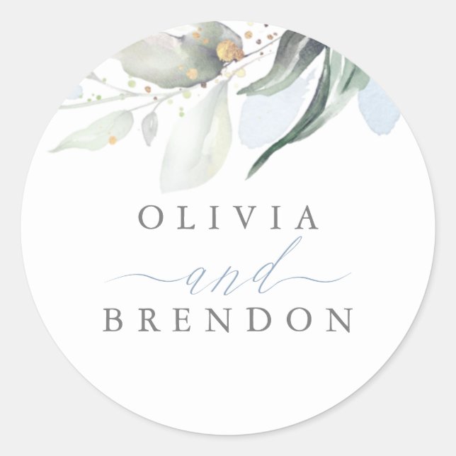 Sticker Rond Dusty Blue Greenery Romantique Mariage (Devant)
