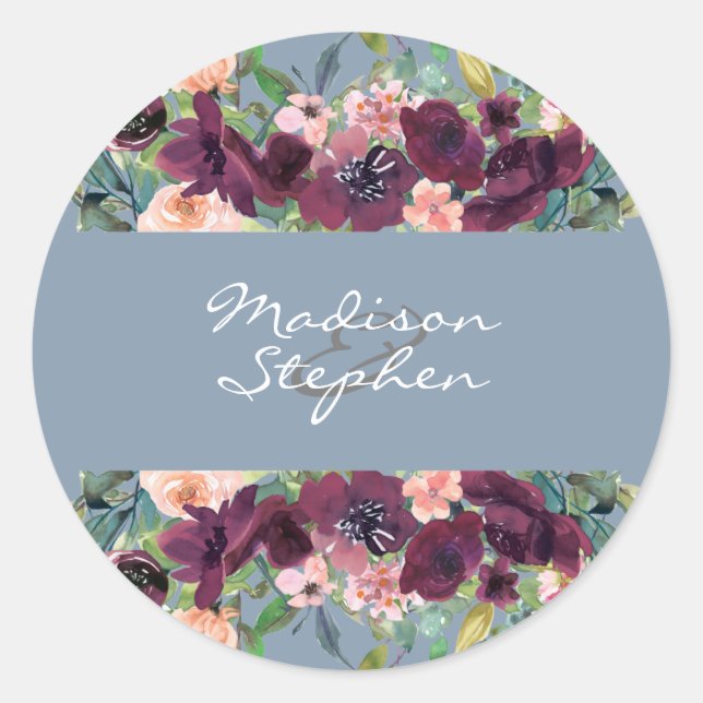 Sticker Rond Dusty Blue | Mariage Floral d'aquarelle Bourgogne (Devant)