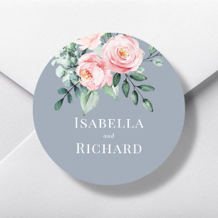 Sticker Rond Dusty Blue   Mariage floral rose pâle