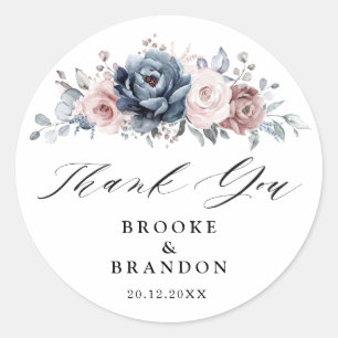 Sticker Rond Dusty Blue Mauve Rose rose Merci floral