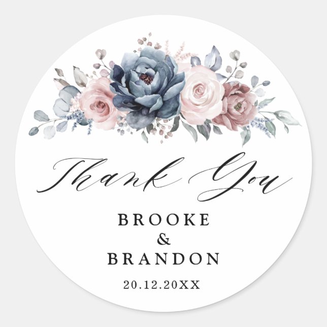 Sticker Rond Dusty Blue Mauve Rose rose Merci floral (Devant)