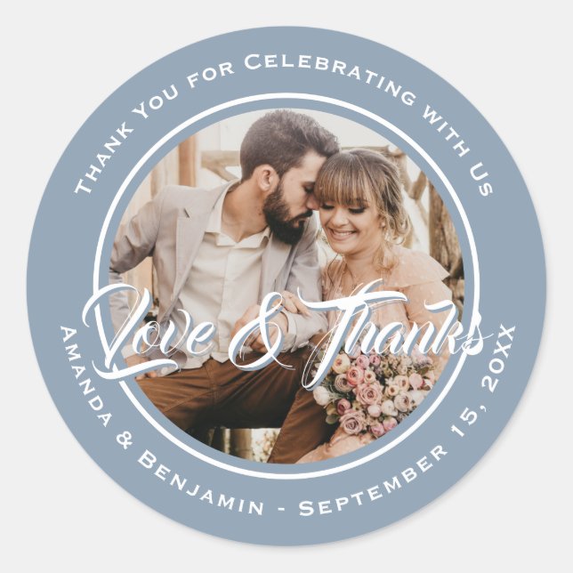Sticker Rond Dusty Blue Modern Merci Mariage Photo Favoriser (Devant)