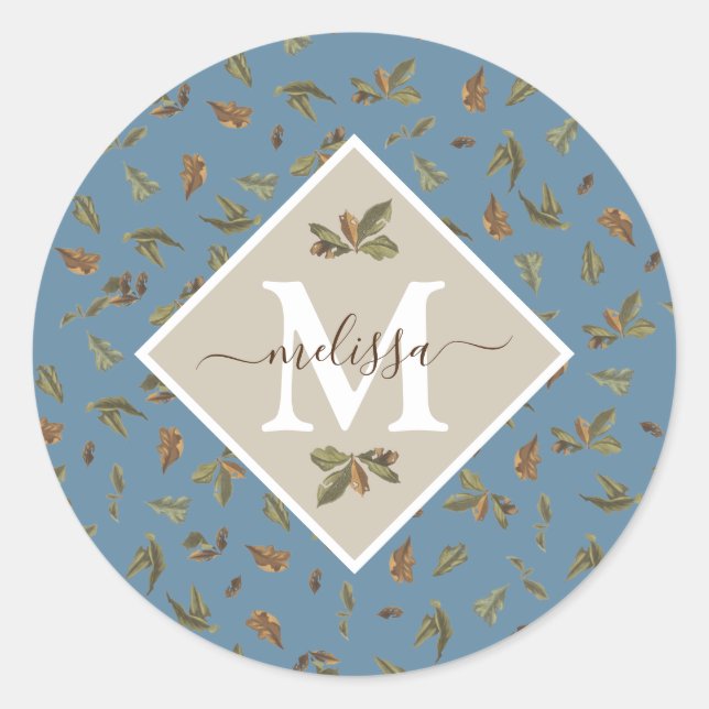 Sticker Rond Dusty Blue Rustic Feuilles Brown Monogramme (Devant)