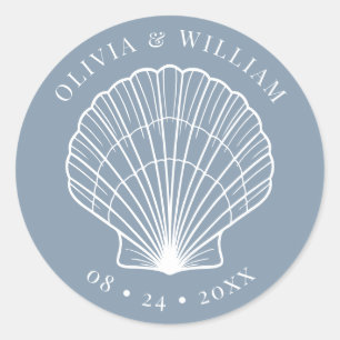 Sticker Rond Dusty Blue Seashell Beach Mariage côtier
