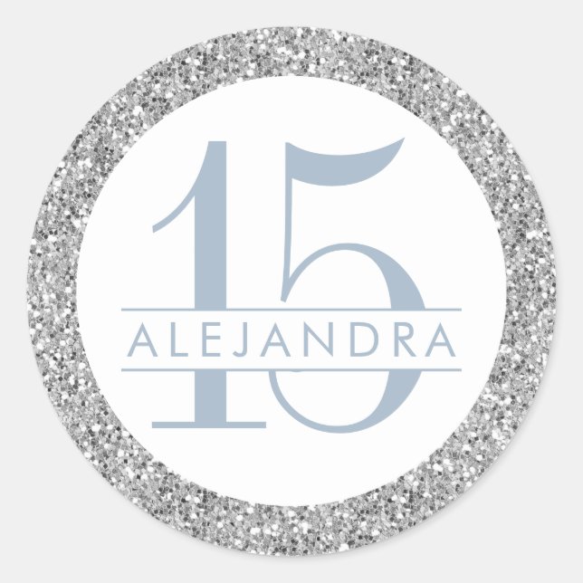 Sticker Rond Dusty Blue Silver Parties scintillant Quince Años  (Devant)