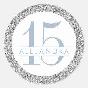 Sticker Rond Dusty Blue Silver Parties scintillant Quince Años 
