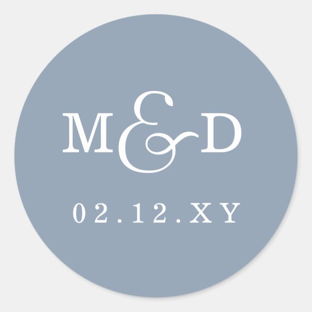 Sticker Rond Dusty Blue Simple Moderne Mariage Monogramme (Devant)