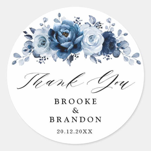 Sticker Rond Dusty Blue Slate Marine Botanique Mariage Merci (Devant)