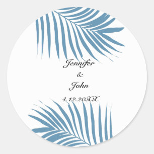 Sticker Rond Dusty Blue Tropical Palm Tree Feuilles Nom Mariage