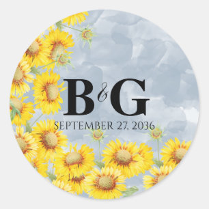Sticker Rond Dusty Blue Watercolor Sunflowers Monogram Mariage