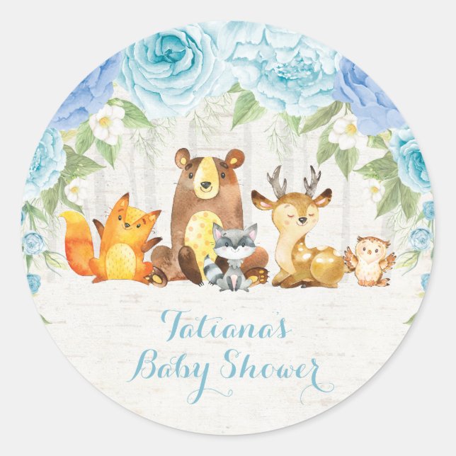 Sticker Rond Dusty Blue Woodland Baby Animaux Merci (Devant)