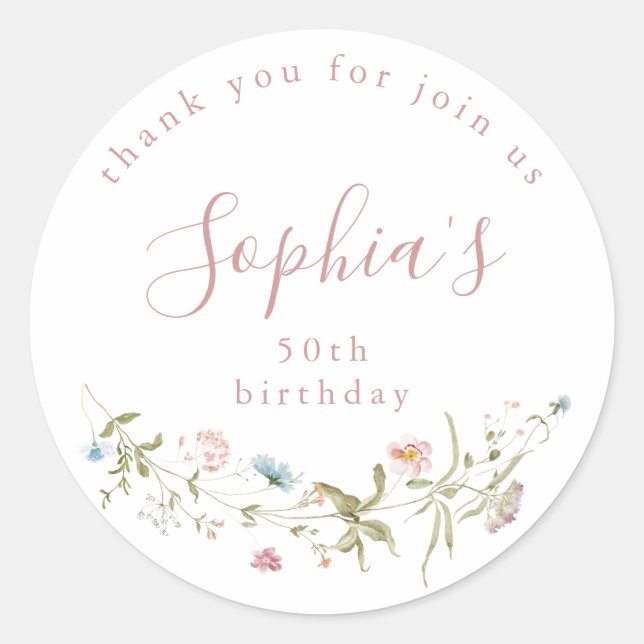 Sticker Rond Dusty rose Fleur sauvage Rustic Boho Anniversaire  (Devant)