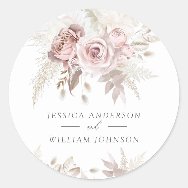 Sticker Rond Dusty Rose & Ivory Floral Beau Mariage (Devant)