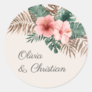 Sticker Rond Dusty rose moderne Mariage d'aquarelle tropicale