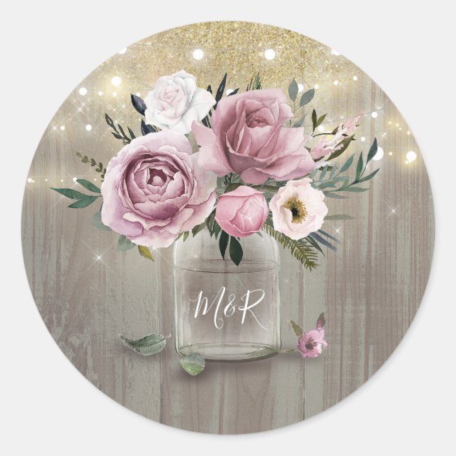 Sticker Rond Dusty Rose Rustic Country Floral Mason Jar (Devant)