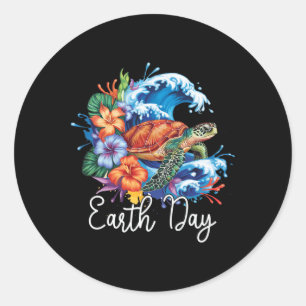 Sticker Rond Earth Sea Turtle Art Jour des terres 2025 Restaure