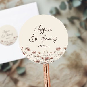 Sticker Rond Earthtone Boho Fleurs sauvages Couple's Names Mari