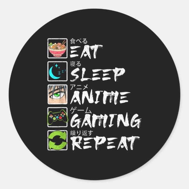 Sticker Rond Eat Sleep Anime Gaming Repeat Gamer Men Teen Boy A (Devant)