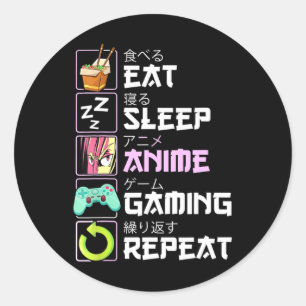 Sticker Rond Eat Sleep Anime Gaming Repeat Kawaii Otaku Anime 