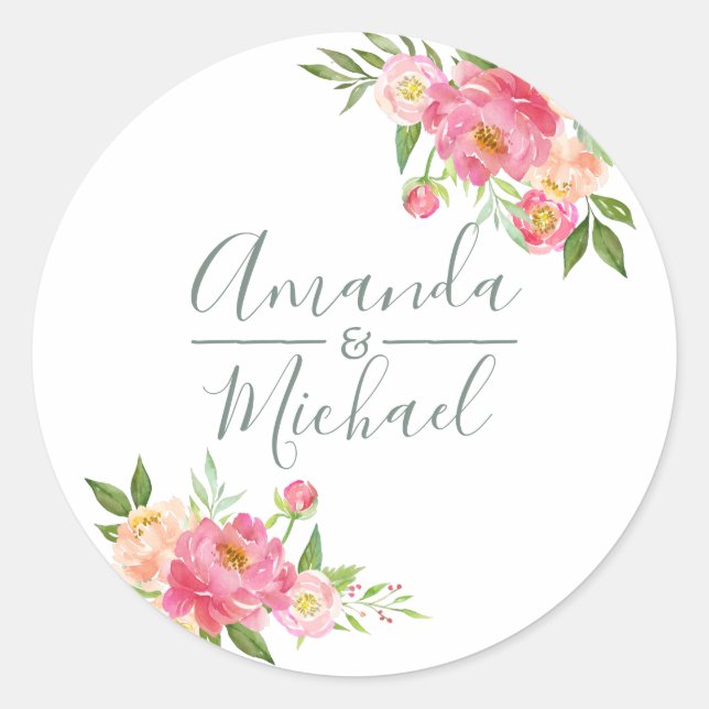 Sticker Rond Eau de mariage de printemps Fleurs de pivoines (Devant)