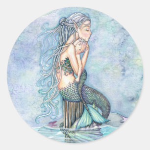 Sticker Rond Eaux Calmes Mère et Enfant Sirène Baby Shower