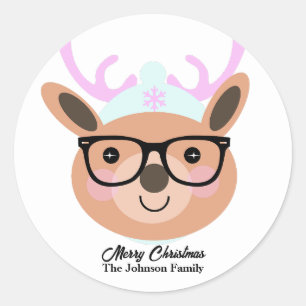 Sticker Rond Écharpe Chapeau Lunettes de Noël Renne Mignon