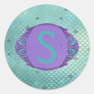 Sticker Rond Échelle de sirène turquoise et violette Monogramme
