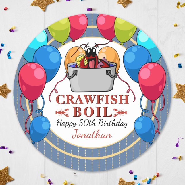 Sticker Rond Éclosion de langouste Anniversaire Fête des fruits (Crawfish Boil Birthday Seafood Party Classic Round Sticker Perfect for a birthday of any age!)