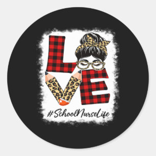 Sticker Rond École Infirmière Amour Messy Bun Leopard Buffalo C