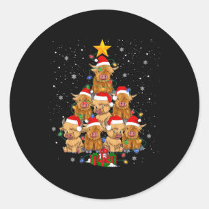 Sticker Rond Écossais Highland Cow Christmas Tree Funny Cow Lov