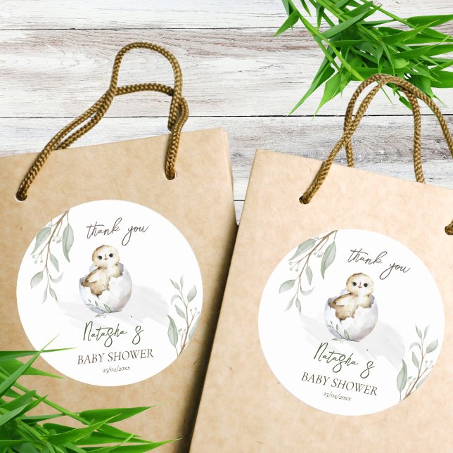 Sticker Rond Écouter bientôt petit baby shower de printemps d'o (Hatching soon little bird spring baby shower favor sticker thank you favor stickers cute baby owl)