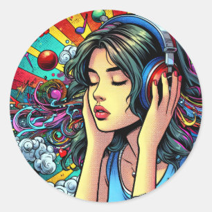 Sticker Rond Écouter de la musique sur les écouteurs Psychédéli