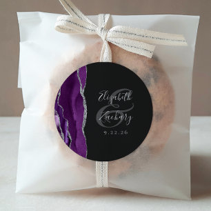 Sticker Rond Écriture Agate Géode Violet Argent Sombre Mariage