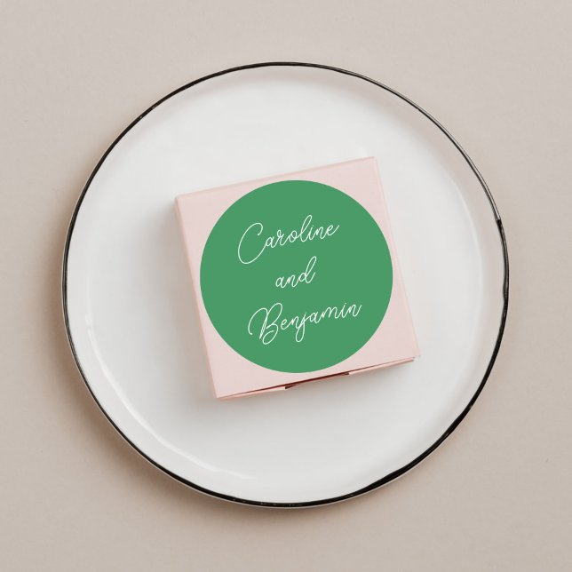 Sticker Rond Écriture Manuscrite Moderne de Nom de Mariage Vert (Créateur téléchargé)