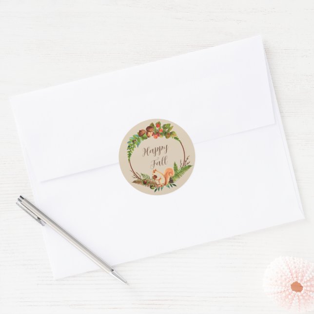 Sticker Rond Écureuil automnal et nature avec texte personnalis (Enveloppe)