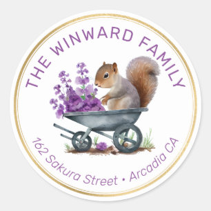 Sticker Rond Écureuil dans brouette et Adresse florale violette