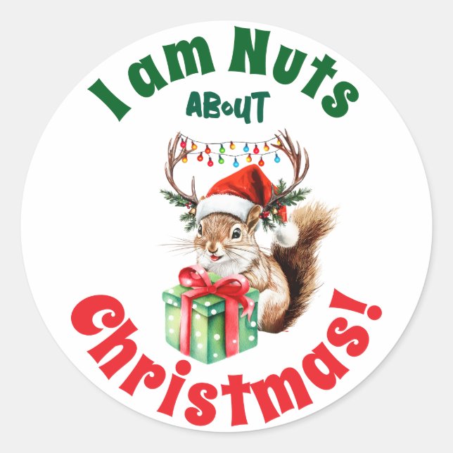 Sticker Rond Écureuil de Noël & Antlers & boîte cadeau (Devant)