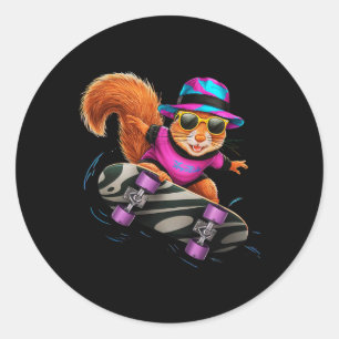 Sticker Rond Écureuil en planche à roulettes dans l'espace rétr