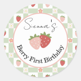 Sticker Rond Editable Strawberry Gingham 1st Birthday Favor