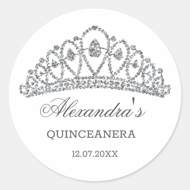 Sticker Rond Effet parties scintillant argent tiara Quinceanera (Devant)