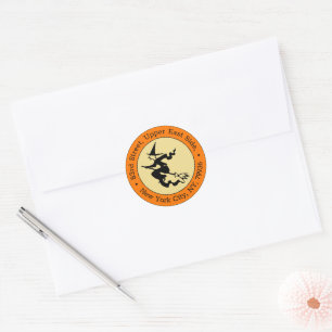 Sticker Rond Éffrayant Black Flying Witch Halloween Adresse de 