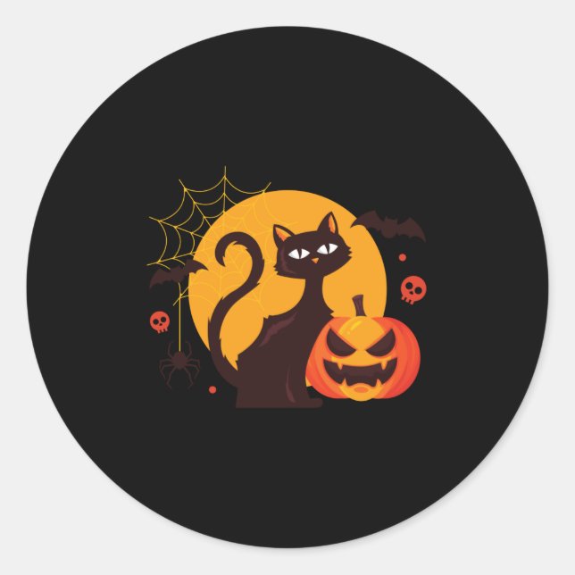Sticker Rond Éffrayant chat noir haloween citrouilles déplaisan (Devant)