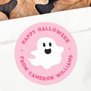 Sticker Rond Éffrayant fantôme Happy Halloween saluant rose