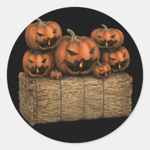 Sticker Rond Éffrayant Halloween Citrouilles Hay Bale Halloween