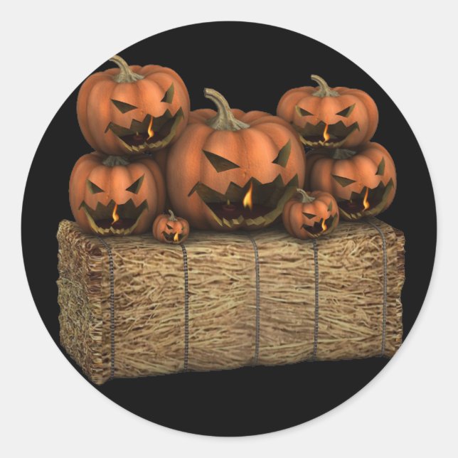 Sticker Rond Éffrayant Halloween Citrouilles Hay Bale Halloween (Devant)